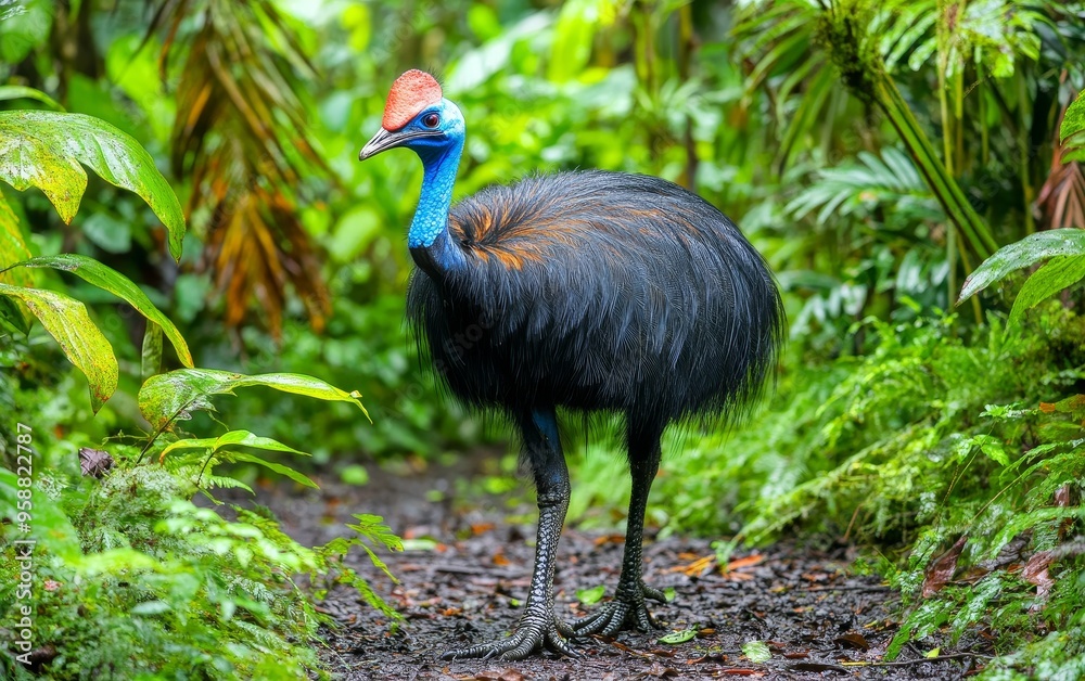 Naklejka premium A colorful cassowary with vivid blue neck and red wattle stands out against lush green rainforest vegetation, showcasing the exotic beauty of this flightless bird