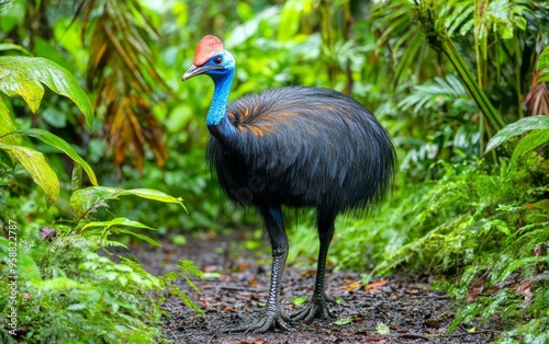 A colorful cassowary with vivid blue neck and red wattle stands out against lush green rainforest vegetation, showcasing the exotic beauty of this flightless bird photo