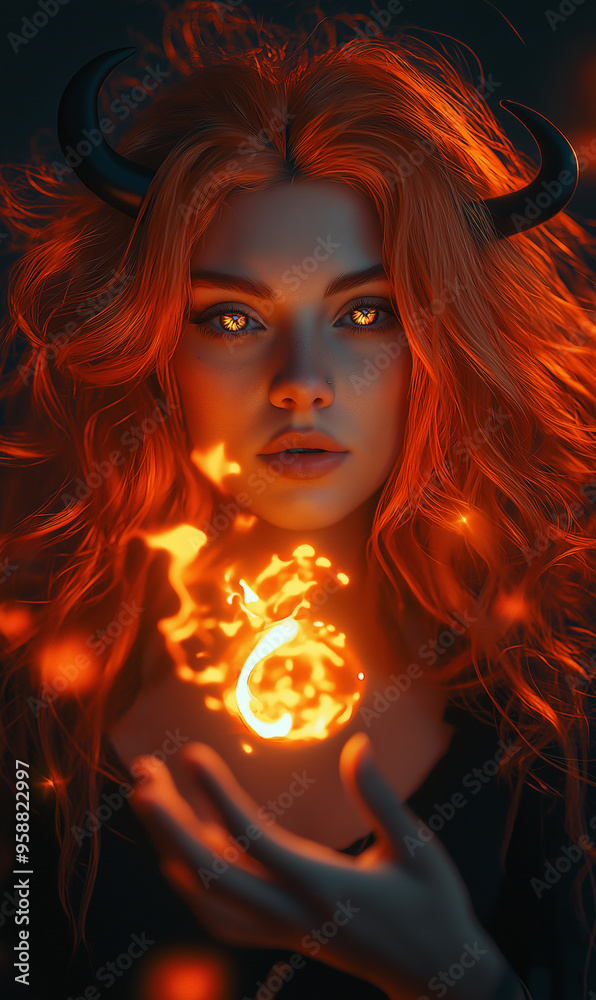 Fototapeta premium Young woman with fiery red hair and glowing eyes conjures a flame orb, embodying supernatural power and mystical energy