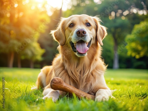 A happy golden retriever lies on a sunny green lawn, proudly clutching a large, worn brown bone in its jaws, exuding contentment and joyful satisfaction.