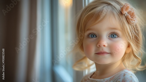 a toddler girl standing by window indoors at home looking out