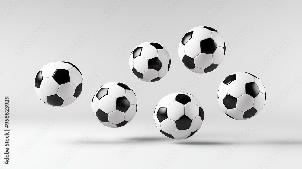 A group of soccer balls are flying through the air. Concept of motion ...