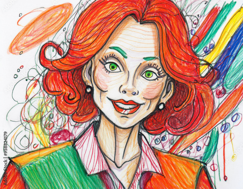 Obraz premium Funny Caricature of a Cute Woman on White Background