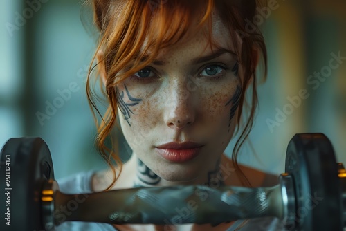  determined woman lifting a barbell with intense focus, sweat on her face, showcasing strength and dedication. Ideal for fitness, workout, and motivation themes, perfect for promoting healthy lifestyl photo