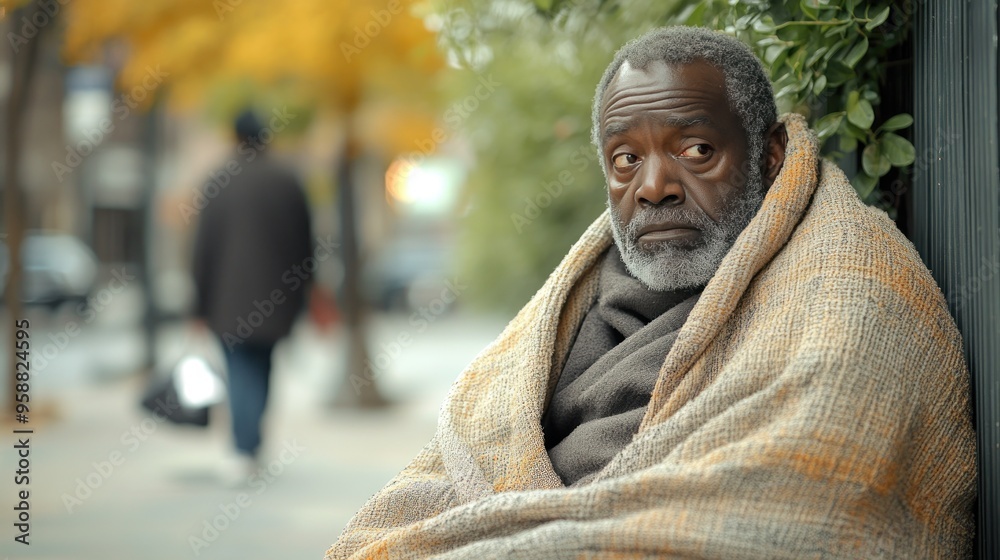 Naklejka premium Homeless African American man sitting on sidewalk, wrapped in a blanket, weary expression, urban environment.