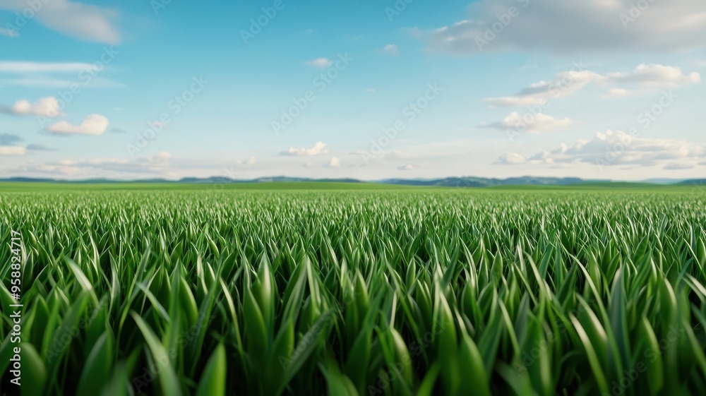 Organic farm, lush green fields with crops, 3D illustration Organic farm, lush green fields with crops, 3D illustration