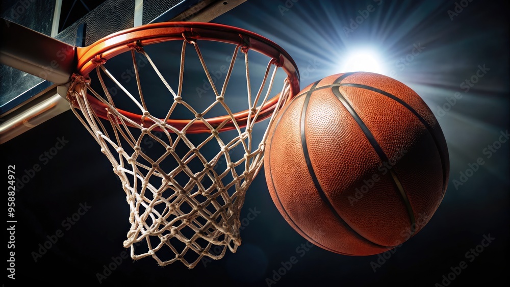 A leather-bound basketball arcs through the air, rotating clockwise, as it approaches the rim, about to drop through the net in a perfect swish shot. A leather-bound basketball arcs through the air, rotating clockwise, as it approaches the rim, about to drop through the net in a perfect swish shot.