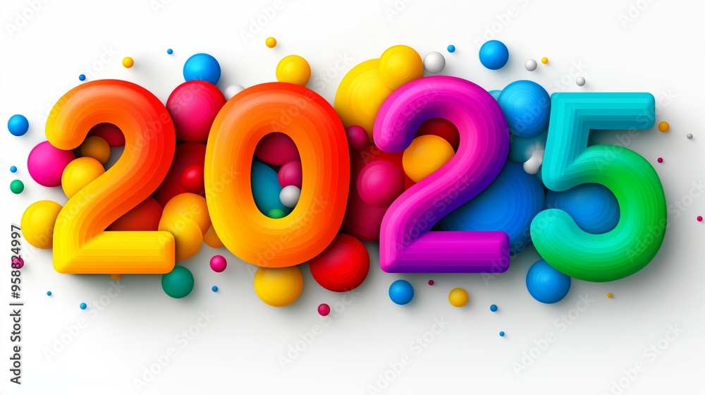 A colorful sign with the number 2025 written in a fun, playful font. The sign is surrounded by a variety of colorful spheres, giving it a vibrant and energetic feel. happy new 2025 A colorful sign with the number 2025 written in a fun, playful font. The sign is surrounded by a variety of colorful spheres, giving it a vibrant and energetic feel. happy new 2025