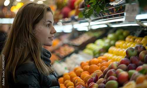 A woman browsing fresh fruits in a grocery store, selecting produce. Ideal for themes related to healthy eating, grocery shopping, organic food, and fresh produce selection. photo