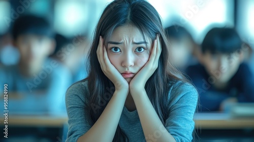 Asian female student distressed at classroom desk, hands covering face, social anxiety, blurred classmates.
