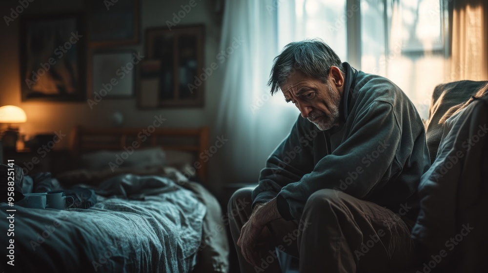 Hispanic male sitting on bed, cluttered room, morning light, worried expression, stress, soft glow. Hispanic male sitting on bed, cluttered room, morning light, worried expression, stress, soft glow.