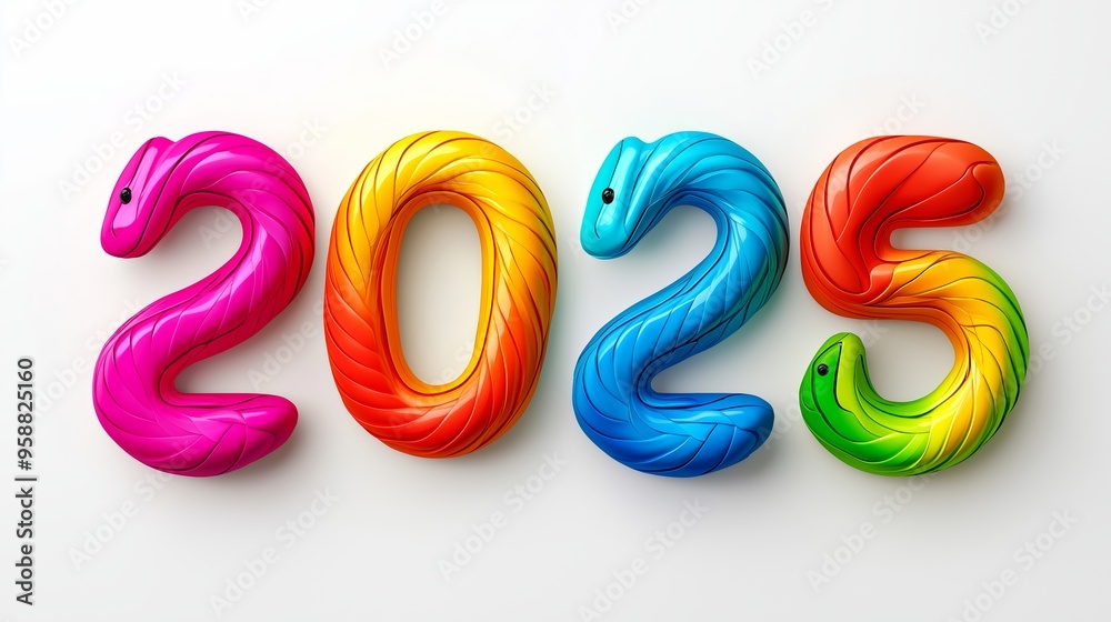 The 2025 year is written in a colorful, rainbow-colored font. The font ...