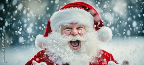 Joyful Santa Claus celebrating winter with a big smile, surrounded by falling snowflakes outdoors during the holiday season