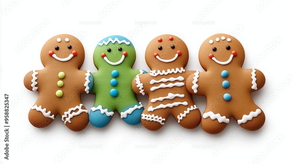Four gingerbread men are smiling and wearing different colored clothes. They are lined up next to each other Four gingerbread men are smiling and wearing different colored clothes. They are lined up next to each other