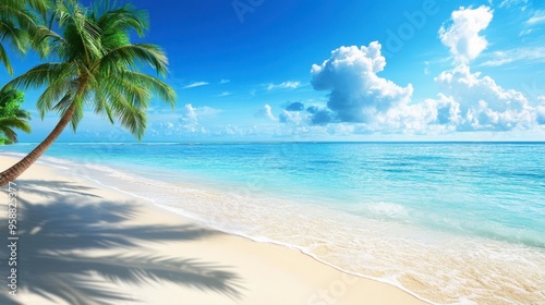 A beautiful landscape of a tropical beach with palm trees, white sand, and crystal-clear water under a bright sky.