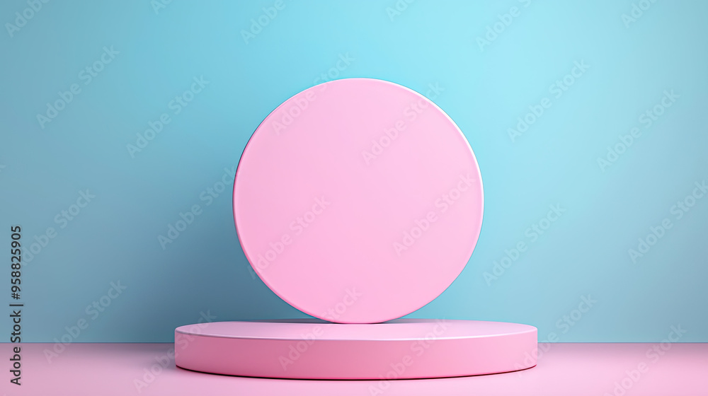 A minimalist display featuring a pink circle on a pastel blue backdrop, perfect for showcasing products or creative concepts. A minimalist display featuring a pink circle on a pastel blue backdrop, perfect for showcasing products or creative concepts.