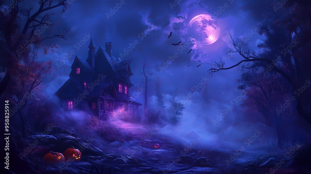 Obraz premium Eerie Halloween Night with Pumpkin Heads and Burning Candles