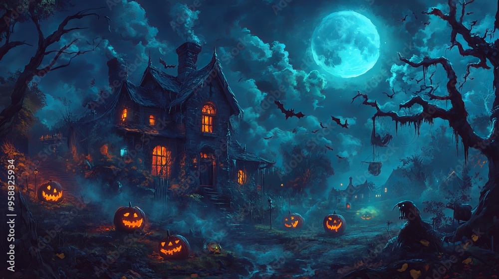 Obraz premium Eerie Halloween Night with Pumpkin Heads and Burning Candles