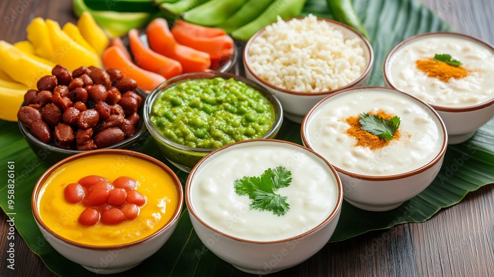 A table with a variety of bowls of food, including some with beans, rice, and vegetables A table with a variety of bowls of food, including some with beans, rice, and vegetables