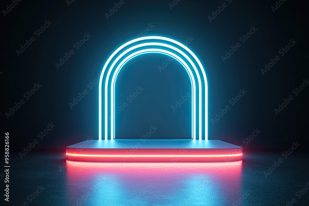 A vibrant neon arch on a sleek platform, perfect for creative backgrounds or modern event displays. A vibrant neon arch on a sleek platform, perfect for creative backgrounds or modern event displays.