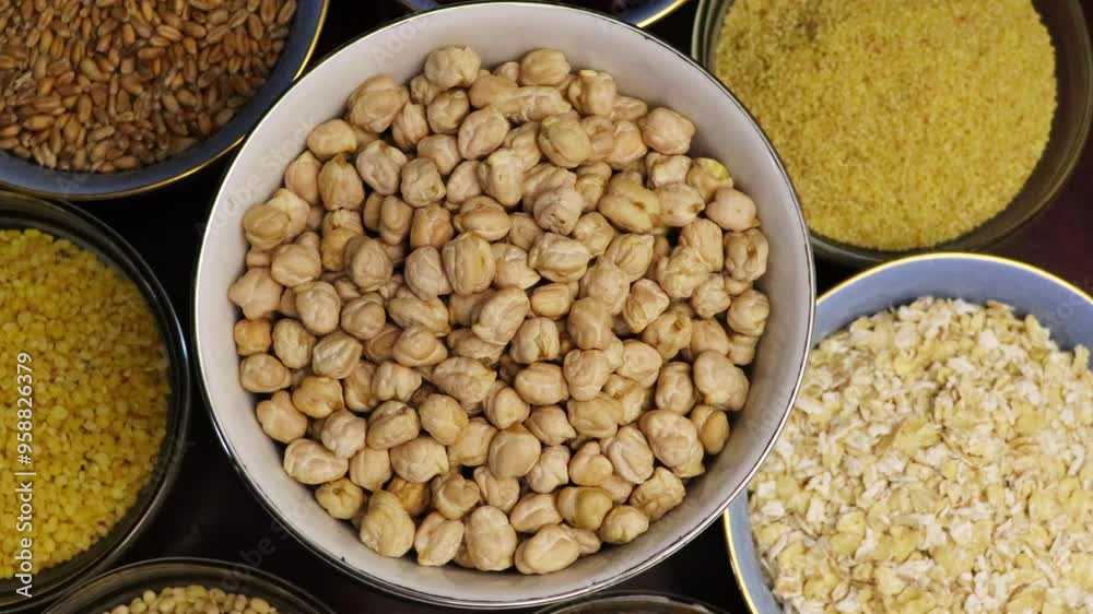 Mung beans rotate in the center. Grain cereals, various legumes, and grains close up 4k footage. Healthy eating, alternative food. Mung beans rotate in the center. Grain cereals, various legumes, and grains close up 4k footage. Healthy eating, alternative food.