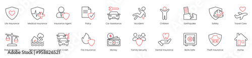 Life Insurance, Medical Insurance, Insurance Agent, Policy, Car Assistance, Accident, Children, Earthquake, Safety, Travel Care, Risk Evaluation, Natural Disasters, Car Crash, Fire vector icons