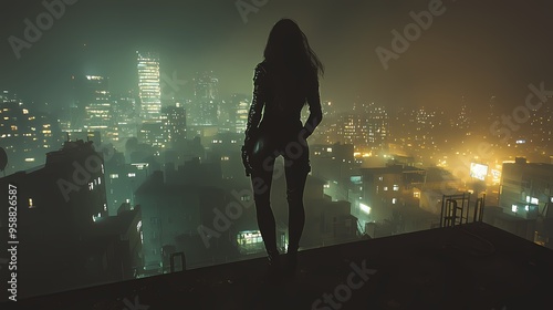 Silhouetted woman gazing over a neon-lit cityscape at night.