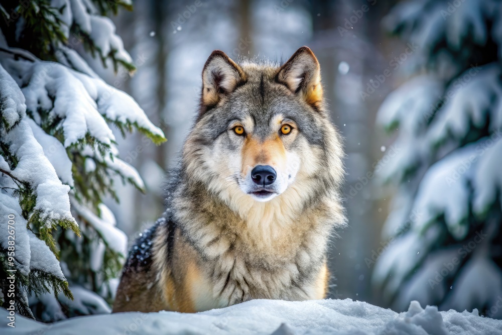A majestic gray wolf stands alert in a snow-covered forest, its piercing yellow eyes scanning the surroundings, its thick fur fluffed up against the cold. A majestic gray wolf stands alert in a snow-covered forest, its piercing yellow eyes scanning the surroundings, its thick fur fluffed up against the cold.