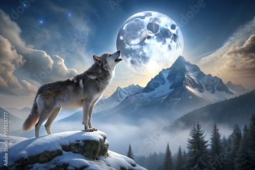 A majestic gray wolf stands atop a snowy mountain ridge, its mouth open in a haunting howl, echoing through the misty, moonlit wilderness landscape. photo