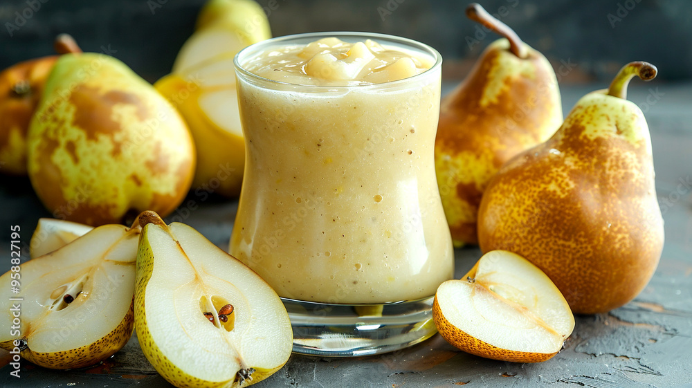 Delicious homemade smoothie with fresh pears on a rustic table Delicious homemade smoothie with fresh pears on a rustic table