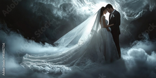 Elegant Caucasian bride in wedding dress, posing with groom