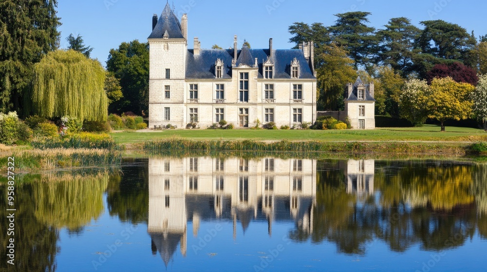 Fototapeta premium The tranquil scene features Surada Castle reflected in still water, framed by lush trees under a clear blue sky at sunrise in Bischofshofen, Austria during summer