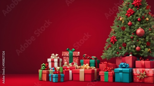 Red Christmas background with gifts and a Christmas tree in the right side of the image, with ample space to add text