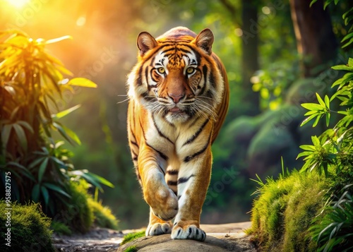 A majestic orange tiger confidently strides forward, fur glistening in sunlight, amidst lush greenery, epitomizing power and serenity in its deliberate, calculated steps. photo