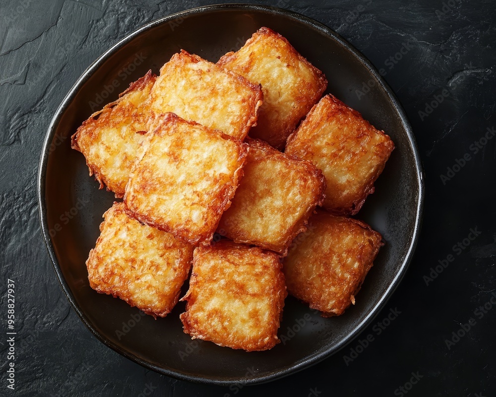 Crispy Golden Hash Browns Breakfast Delight on Dark Background Crispy Golden Hash Browns Breakfast Delight on Dark Background