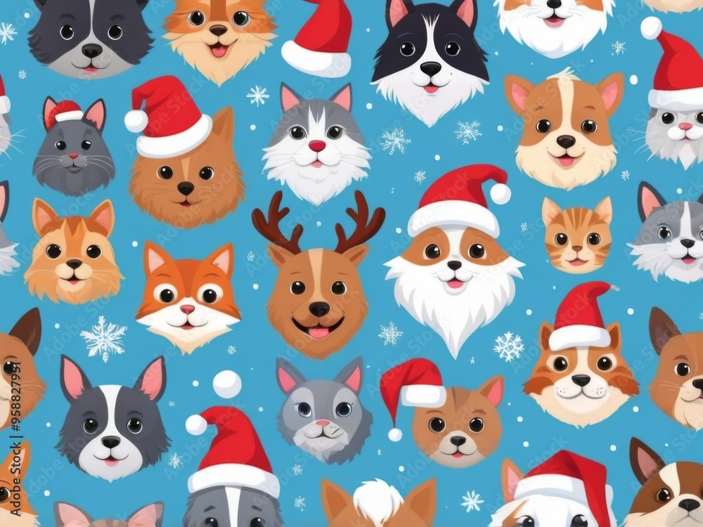 Santa Claus hats on different animals, like a cat, dog, each wearing a hat with a playful expression, set against a snowy background Santa Claus hats on different animals, like a cat, dog, each wearing a hat with a playful expression, set against a snowy background