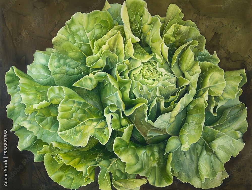 A close-up view of a large, vibrant green head of lettuce with ruffled leaves against a dark brown background. A close-up view of a large, vibrant green head of lettuce with ruffled leaves against a dark brown background.