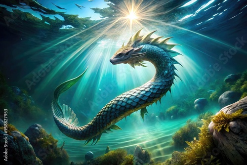 A majestic, serpentine sea creature breaches the ocean's surface, its scales glinting in the sunlight, revealing a mystical, ancient being in stunning underwater clarity.