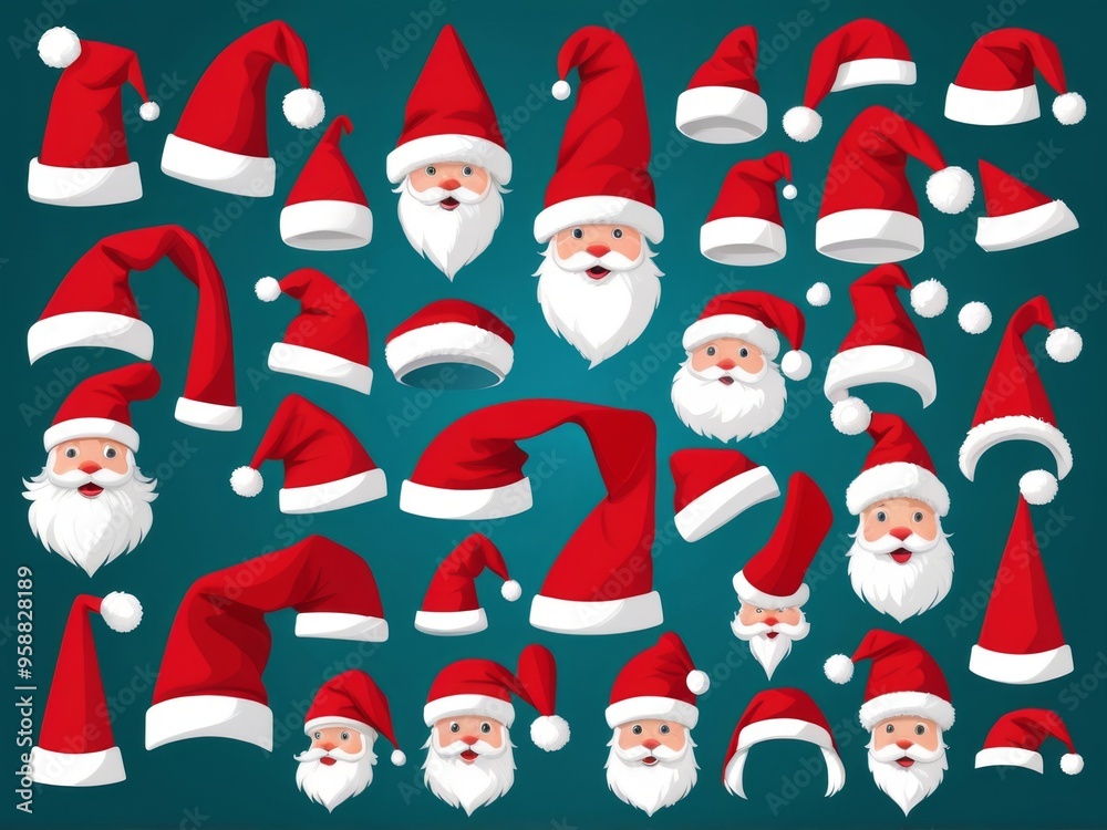 A collection of Santa Claus hats in various styles and angles, with bright red and white colors, isolated on a transparent background A collection of Santa Claus hats in various styles and angles, with bright red and white colors, isolated on a transparent background