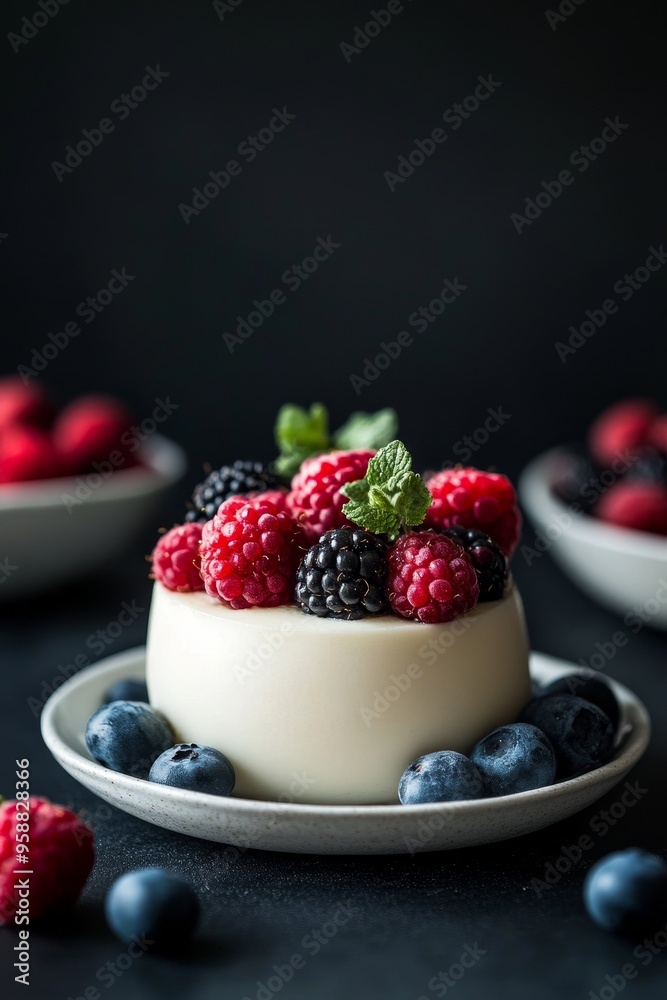 Decadent Panna Cotta Delight with Fresh Berries on Black Background for Gourmet Dessert Concept Decadent Panna Cotta Delight with Fresh Berries on Black Background for Gourmet Dessert Concept