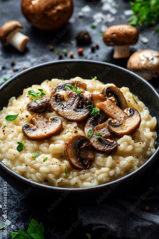 Indulgent Creamy Mushroom Risotto on Dark Background for Gourmet Food Photography Indulgent Creamy Mushroom Risotto on Dark Background for Gourmet Food Photography