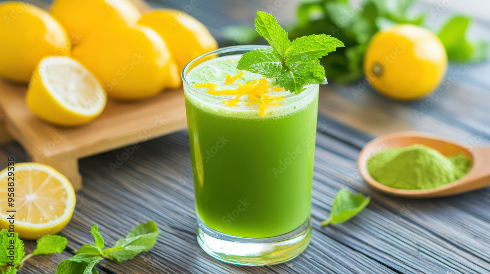 Refreshing green matcha with lemon slices and mint leaves, garnished with lemon zest and matcha powder on a wooden background Refreshing green matcha with lemon slices and mint leaves, garnished with lemon zest and matcha powder on a wooden background