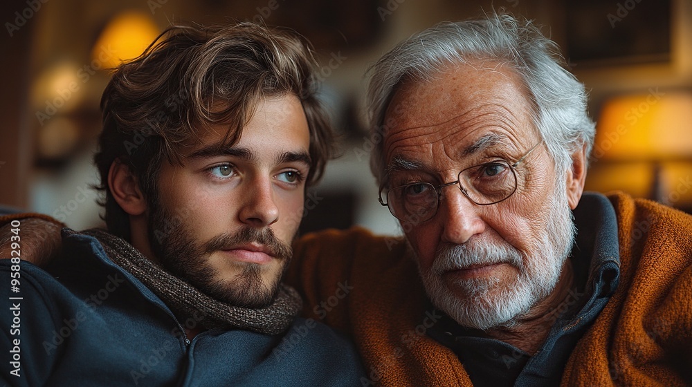 an adult hipster son and senior father sitting on sofa indoors at home talking an adult hipster son and senior father sitting on sofa indoors at home talking