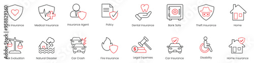 Life Insurance, Medical Insurance, Insurance Agent, Policy, Dental, Bank Safety, Theft, Home, Risk Evaluation, Natural Disaster, Car Crash, Fire Insurance, Legal Expenses icons