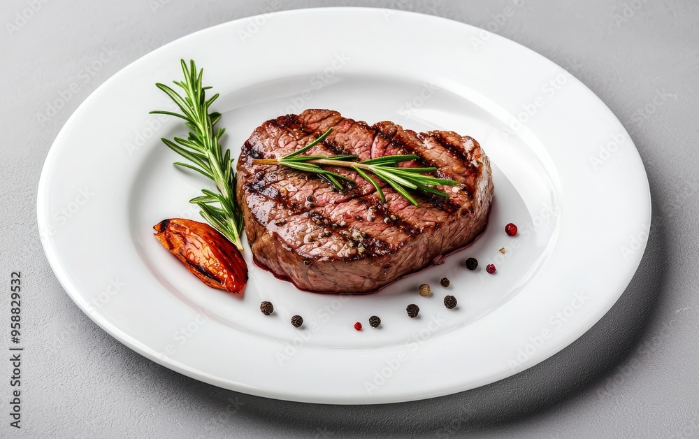Grilled beef steak on a clean white plate, garnished with fresh rosemary and seasoned with pepper, gourmet meat dish concept Grilled beef steak on a clean white plate, garnished with fresh rosemary and seasoned with pepper, gourmet meat dish concept