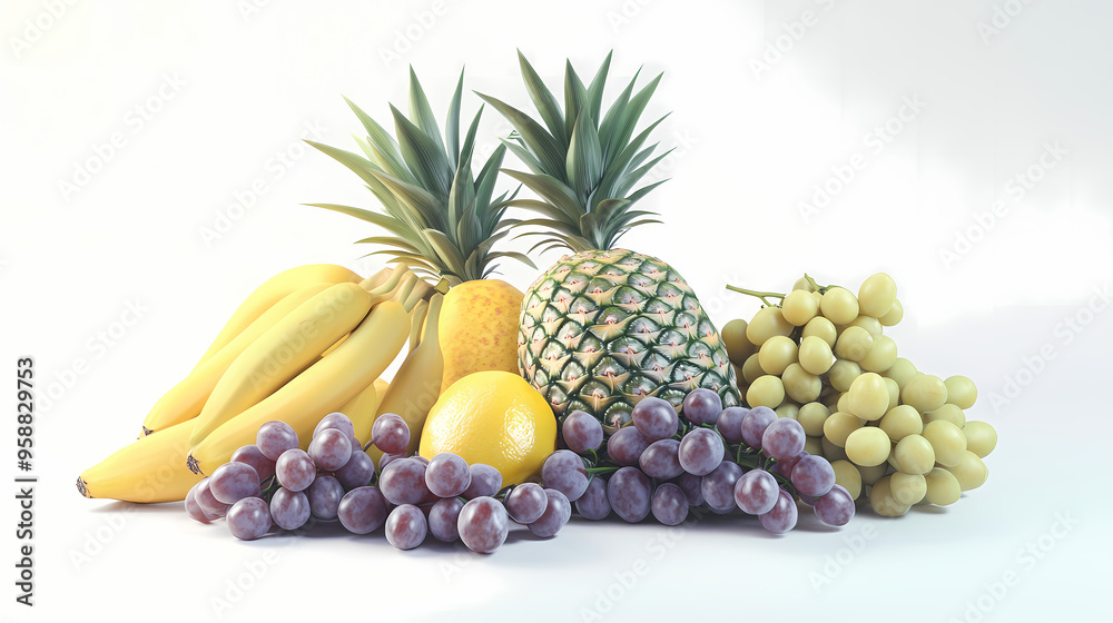 A photorealistic display of tropical fruits including pineapples, bananas, and grapes, carefully isolated on a white background. Photorealistic. Illustration A photorealistic display of tropical fruits including pineapples, bananas, and grapes, carefully isolated on a white background. Photorealistic. Illustration