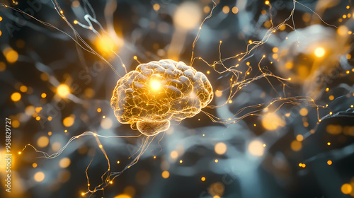 A photorealistic depiction of electrical pulses in a digital brain, with glowing gold and silver synapses, set against a sleek, metallic background. Photorealistic. Illustration