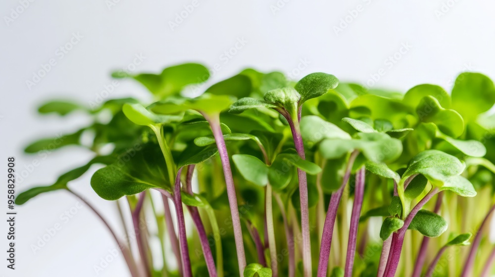 Fototapeta premium Fresh green microgreens with vibrant purple stems on a white background. Perfect for healthy eating or culinary presentations.