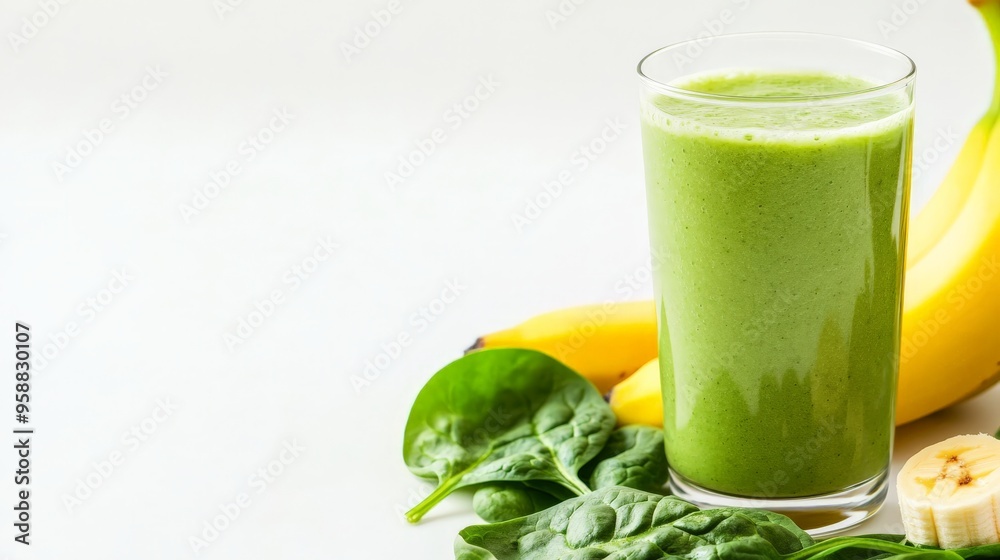 Fresh green smoothie made with spinach and banana, placed on a white background. Ideal for health, fitness, and nutrition themes. Fresh green smoothie made with spinach and banana, placed on a white background. Ideal for health, fitness, and nutrition themes.