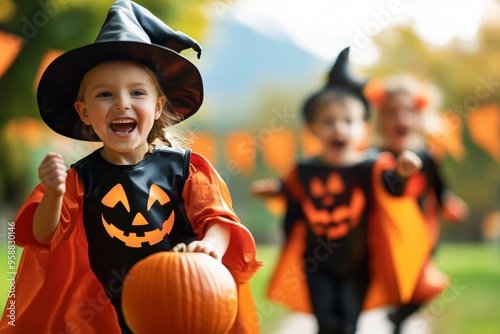 Kids in costumes running with pumpkins in Halloween